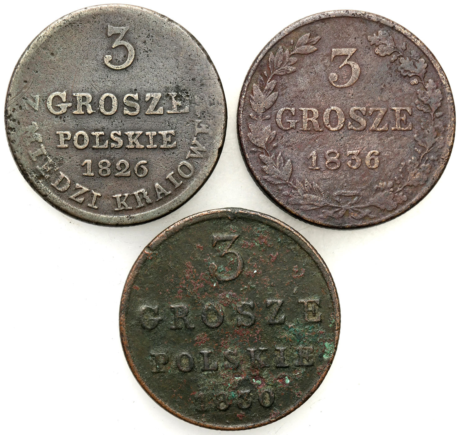Polska XIX w./Rosja. Mikołaj I. 3 grosze  (Trojak) 1826, 1830, 1836, Warszawa, zestaw 3 monet